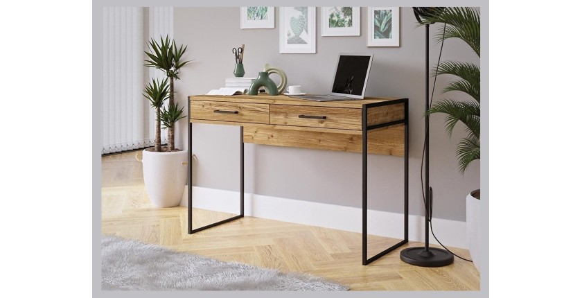 Bureau console avec 2 tiroirs collection JAINA coloris chêne et noir