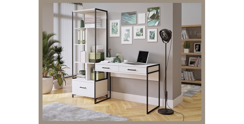 Ensemble bureau console et bibliothèque collection JAINA coloris blanc et noir