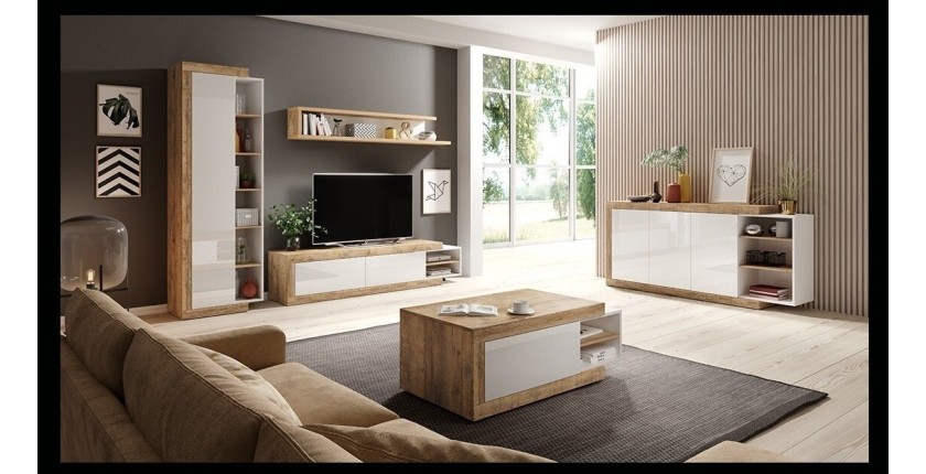 Étagère murale 180cm coloris chêne et blanc brillant collection SINATRA