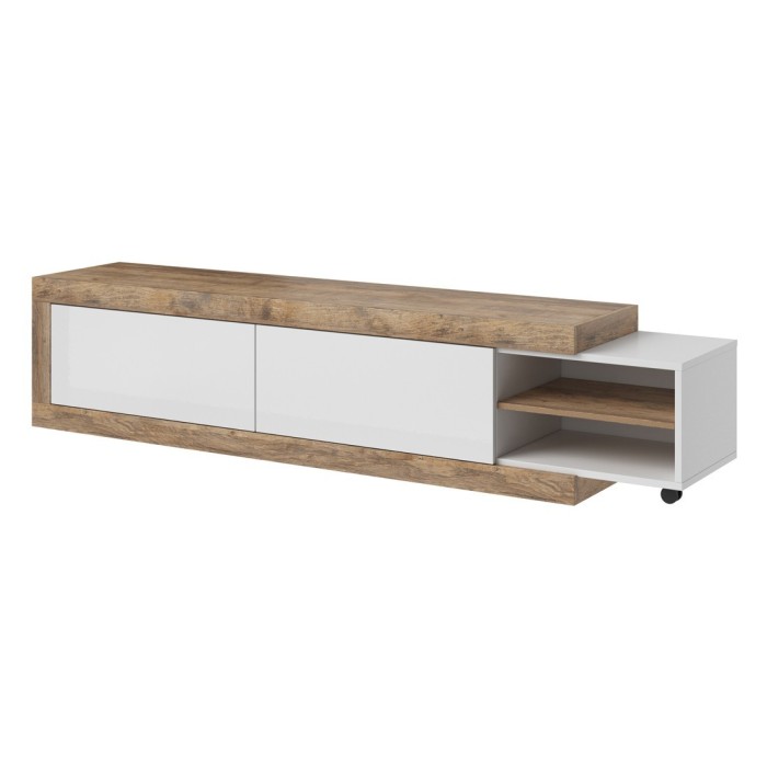 Meuble TV extensible de 200 à 240 cm couleur chêne et blanc brillant collection SINATRA.