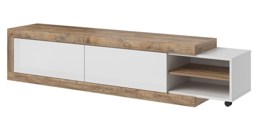 Meuble TV extensible de 200 à 240 cm couleur chêne et blanc brillant collection SINATRA.