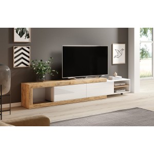 Meuble TV extensible de 200 à 240 cm couleur chêne et blanc brillant collection SINATRA.