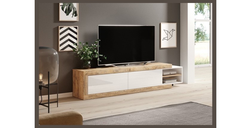 Meuble TV extensible de 200 à 240 cm couleur chêne et blanc brillant collection SINATRA.