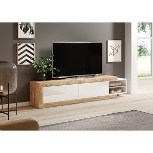 Meuble TV extensible de 200 à 240 cm couleur chêne et blanc brillant collection SINATRA.
