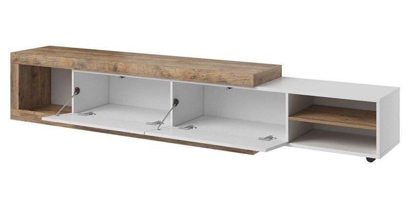 Meuble TV extensible de 200 à 240 cm couleur chêne et blanc brillant collection SINATRA.
