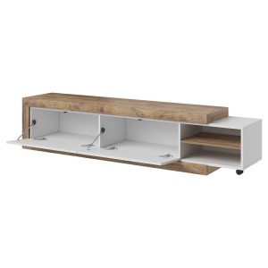 Meuble TV extensible de 200 à 240 cm couleur chêne et blanc brillant collection SINATRA.