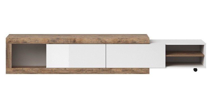 Meuble TV extensible de 200 à 240 cm couleur chêne et blanc brillant collection SINATRA.