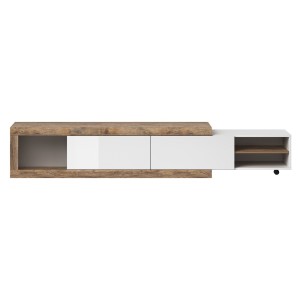 Meuble TV extensible de 200 à 240 cm couleur chêne et blanc brillant collection SINATRA.