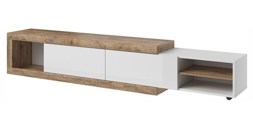 Meuble TV extensible de 200 à 240 cm couleur chêne et blanc brillant collection SINATRA.