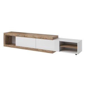 Meuble TV extensible de 200 à 240 cm couleur chêne et blanc brillant collection SINATRA.