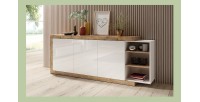 Buffet XL 220cm coloris chêne et blanc brillant avec nombreux rangements collection SINATRA.