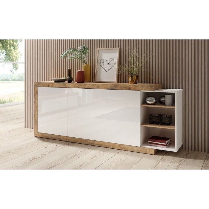 Buffet XL 220cm coloris chêne et blanc brillant avec nombreux rangements collection SINATRA.