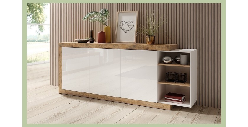 Buffet XL 220cm coloris chêne et blanc brillant avec nombreux rangements collection SINATRA.