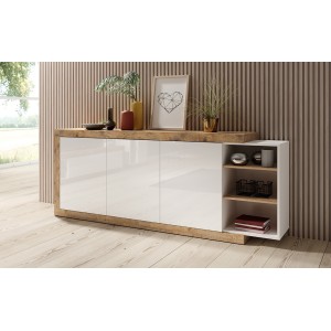 Buffet XL 220cm coloris chêne et blanc brillant avec nombreux rangements collection SINATRA.