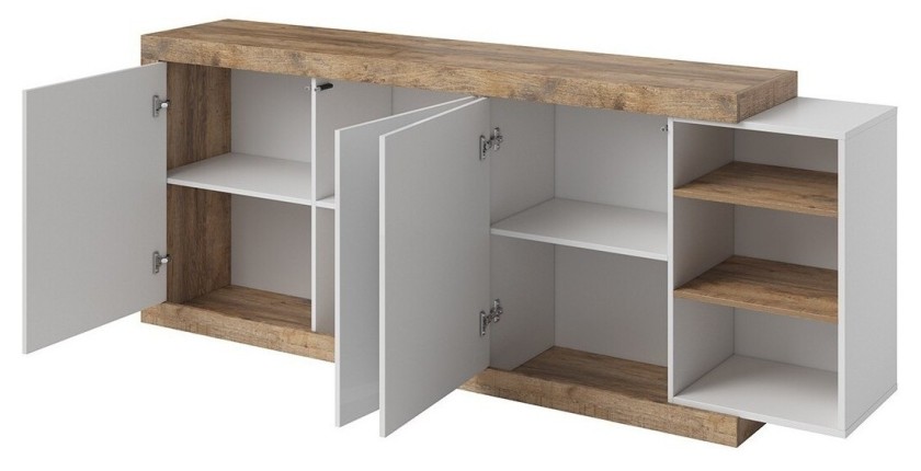 Buffet XL 220cm coloris chêne et blanc brillant avec nombreux rangements collection SINATRA.