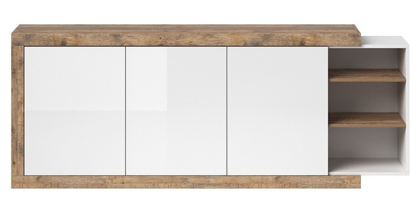 Buffet XL 220cm coloris chêne et blanc brillant avec nombreux rangements collection SINATRA.