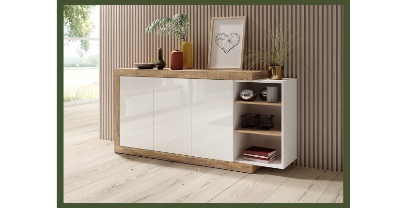 Buffet 180cm coloris chêne et blanc brillant avec nombreux rangements collection SINATRA.