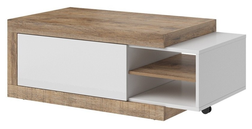 Table basse design extensible collection SINATRA. Couleur chêne foncé et blanc mat.