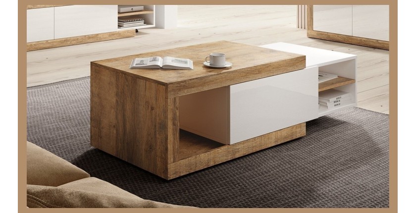 Table basse design extensible collection SINATRA. Couleur chêne foncé et blanc mat.