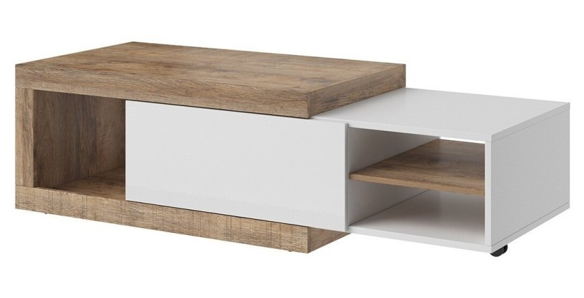 Table basse design extensible collection SINATRA. Couleur chêne foncé et blanc mat.