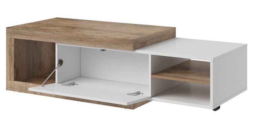 Table basse design extensible collection SINATRA. Couleur chêne foncé et blanc mat.