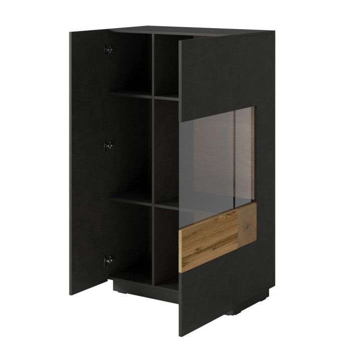Buffet haut avec LED collection KILES deux portes. Coloris gris anthracite et chêne. Porte vitrée à droite