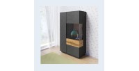 Buffet haut avec LED collection KILES deux portes. Coloris gris anthracite et chêne. Porte vitrée à droite