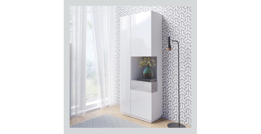 Vitrine, bibliothèque, vaisselier KILES coloris blanc et gris. Modèle vitrine droite. LED intégrée