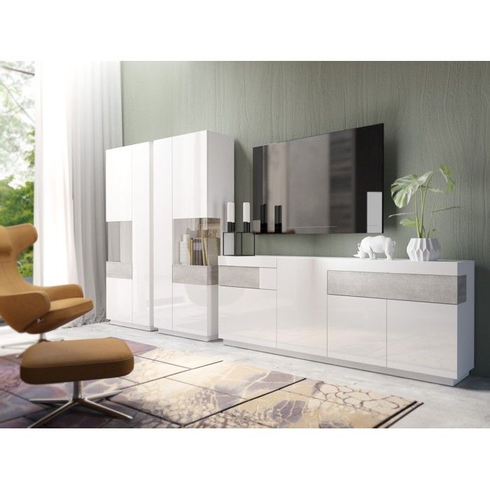 Vitrine, bibliothèque, vaisselier KILES coloris blanc et gris. Modèle vitrine droite. LED intégrée