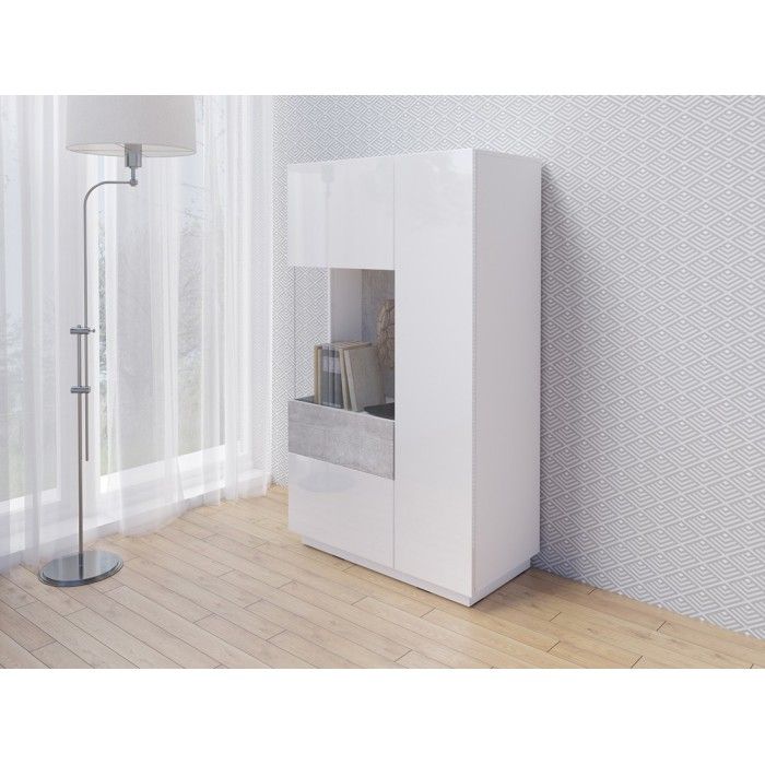 Buffet haut avec LED collection KILES deux portes. Coloris blanc et gris béton. Porte vitrée à gauche