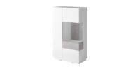 Buffet haut avec LED collection KILES deux portes. Coloris blanc et gris béton. Porte vitrée à droite