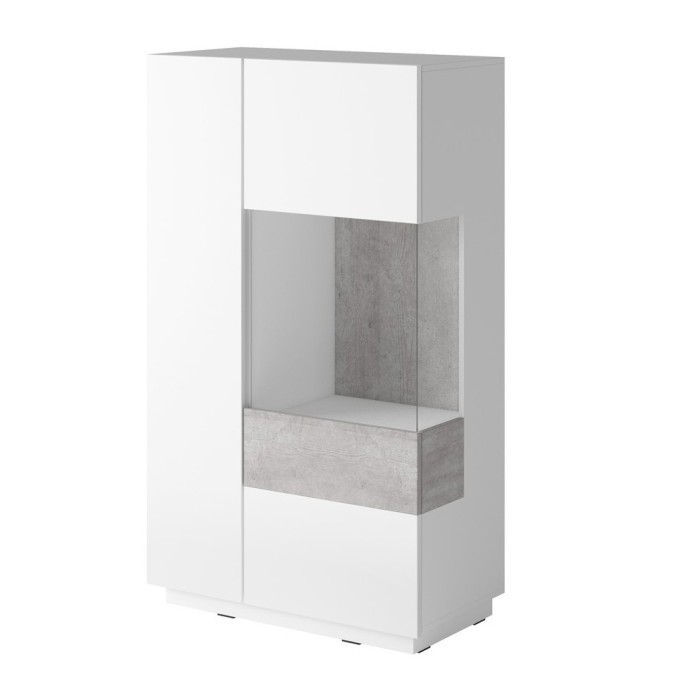 Buffet haut avec LED collection KILES deux portes. Coloris blanc et gris béton. Porte vitrée à droite