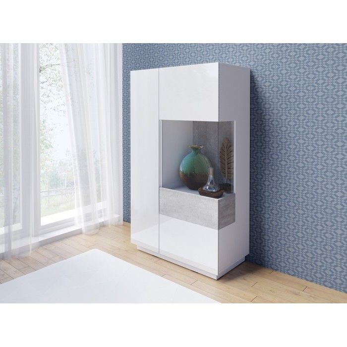 Buffet haut avec LED collection KILES deux portes. Coloris blanc et gris béton. Porte vitrée à droite