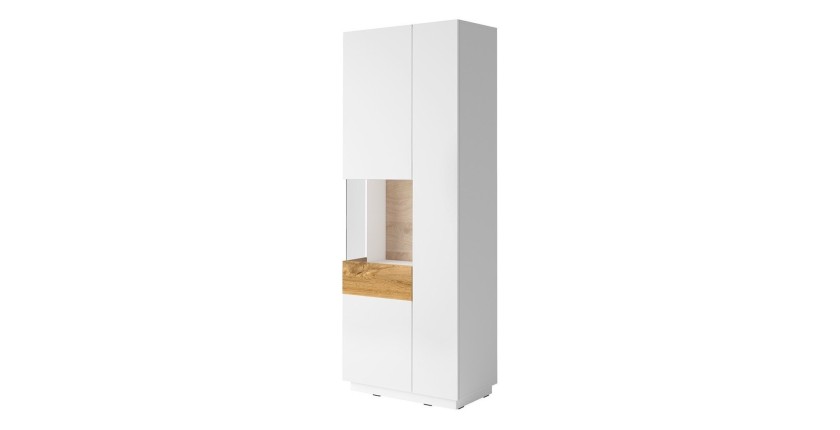 Vitrine, bibliothèque, vaisselier KILES coloris gris blanc et chêne. Modèle vitrine gauche. LED intégrée