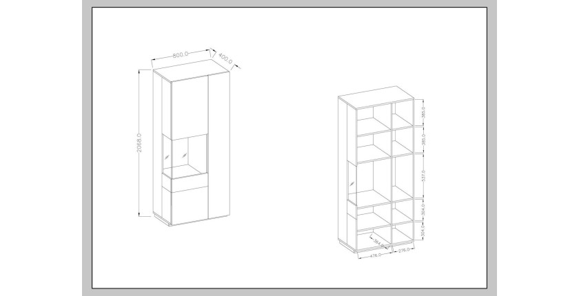Vitrine, bibliothèque, vaisselier KILES coloris gris blanc et chêne. Modèle vitrine gauche. LED intégrée