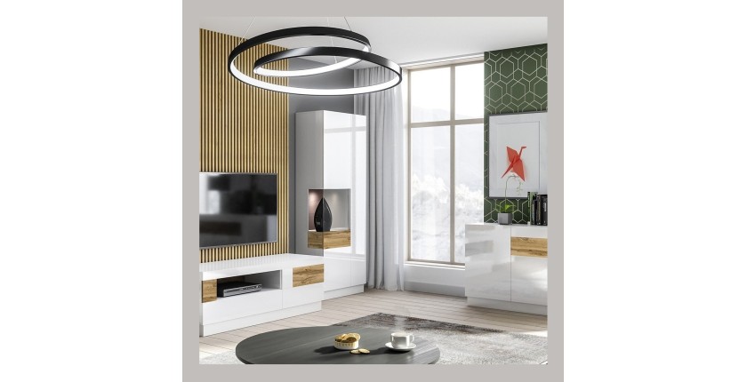 Vitrine, bibliothèque, vaisselier KILES coloris gris blanc et chêne. Modèle vitrine gauche. LED intégrée