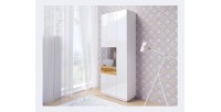 Vitrine, bibliothèque, vaisselier KILES coloris gris blanc et chêne. Modèle vitrine gauche. LED intégrée