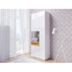 Vitrine, bibliothèque, vaisselier KILES coloris gris blanc et chêne. Modèle vitrine gauche. LED intégrée