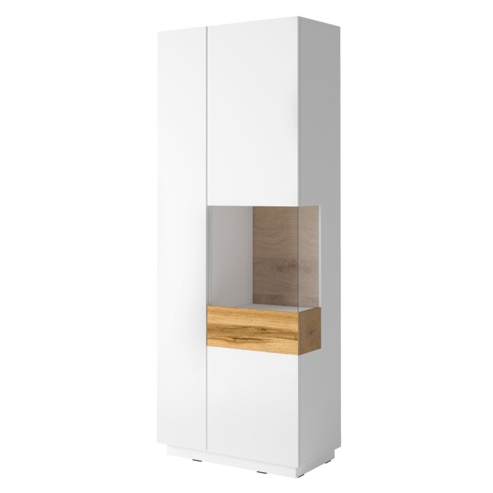 Vitrine, bibliothèque, vaisselier KILES coloris blanc et chêne. Modèle vitrine droite. LED intégrée