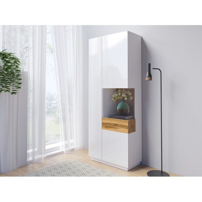 Vitrine, bibliothèque, vaisselier KILES coloris blanc et chêne. Modèle vitrine droite. LED intégrée