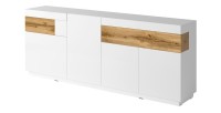 Buffet, bahut, enfilade KILES trois portes, deux tiroirs. Coloris blanc et chêne. Style design.