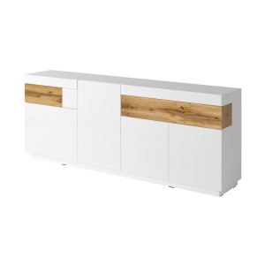 Buffet, bahut, enfilade KILES trois portes, deux tiroirs. Coloris blanc et chêne. Style design.