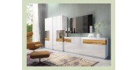 Buffet, bahut, enfilade KILES trois portes, deux tiroirs. Coloris blanc et chêne. Style design.