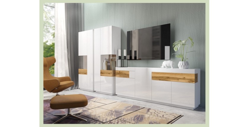 Buffet, bahut, enfilade KILES trois portes, deux tiroirs. Coloris blanc et chêne. Style design.