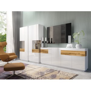Buffet, bahut, enfilade KILES trois portes, deux tiroirs. Coloris blanc et chêne. Style design.