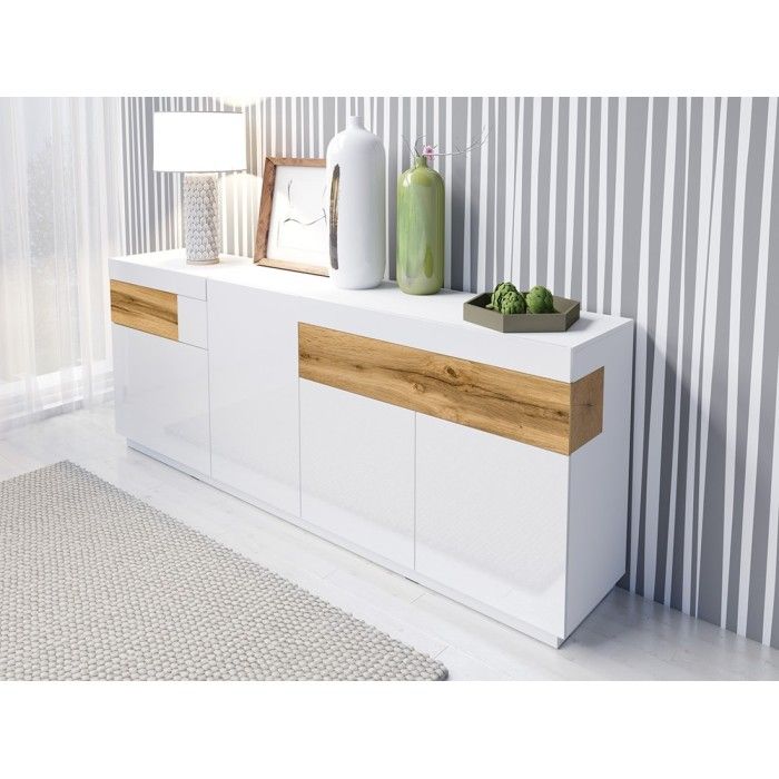 Buffet, bahut, enfilade KILES trois portes, deux tiroirs. Coloris blanc et chêne. Style design.