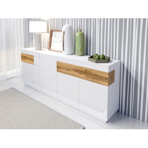 Buffet, bahut, enfilade KILES trois portes, deux tiroirs. Coloris blanc et chêne. Style design.