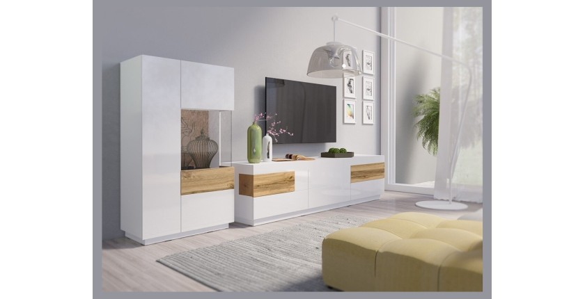 Meuble TV XL 200cm collection KILES. Coloris blanc et chêne. Style design.