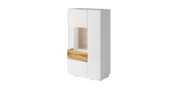 Buffet haut avec LED collection KILES deux portes. Coloris blanc et chêne. Porte vitrée à gauche