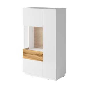 Buffet haut avec LED collection KILES deux portes. Coloris blanc et chêne. Porte vitrée à gauche